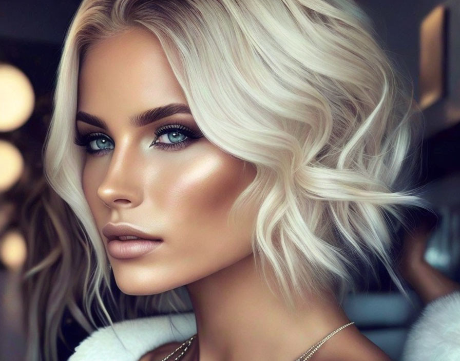 Platinum Blonde Woman with Striking Blue Eyes and Impeccable Makeup