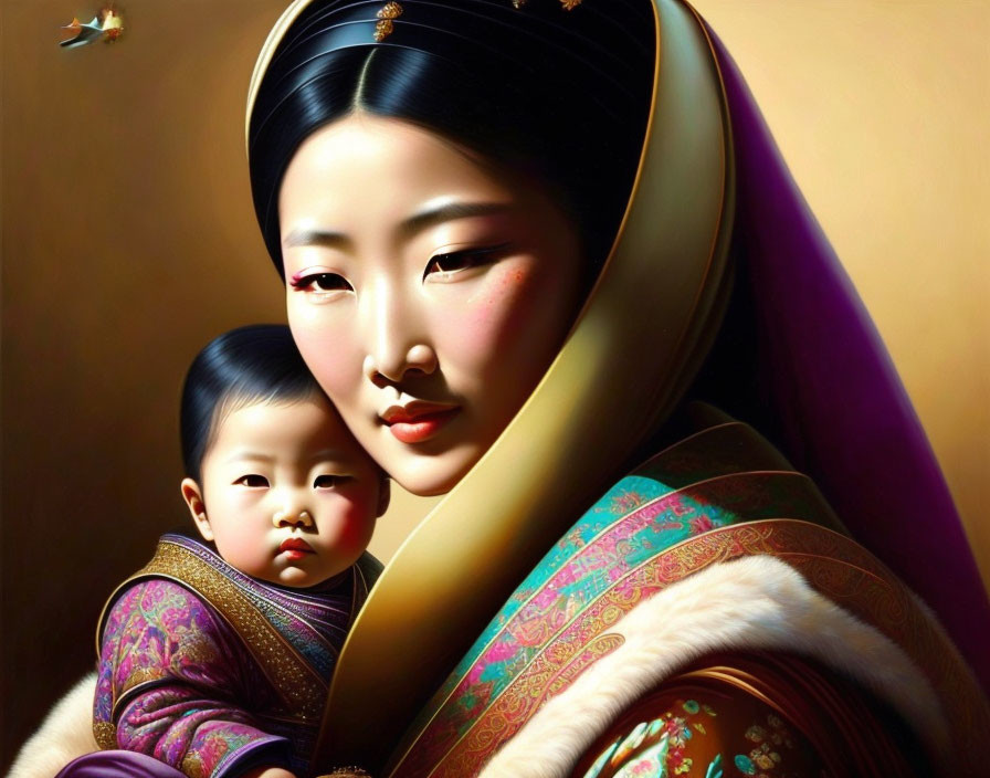 Traditional East Asian woman in colorful robe carrying child on back