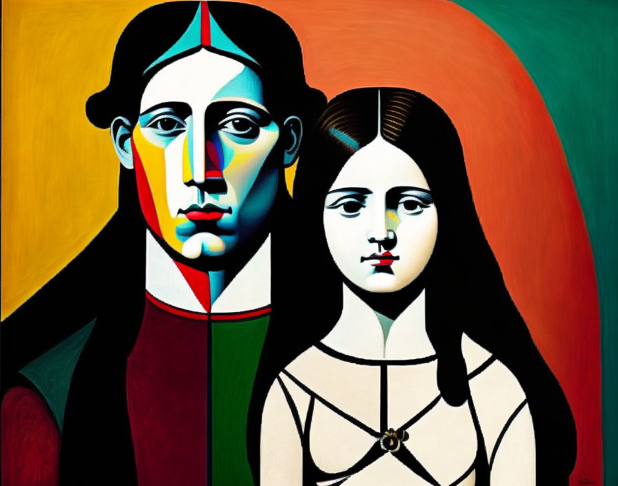 Colorful painting of two stylized figures with cubist and classical influences on faces.