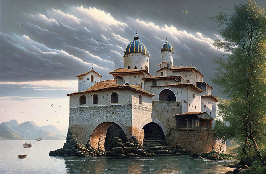 Ancient fortress with domed towers by water and dramatic sky.