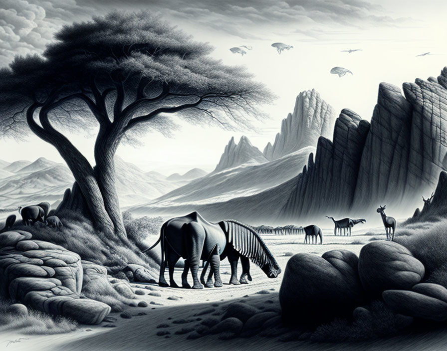 Monochromatic surreal savannah with unique animal hybrids