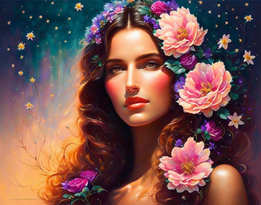 Digital portrait of woman with wavy hair & floral crown on warm starry backdrop