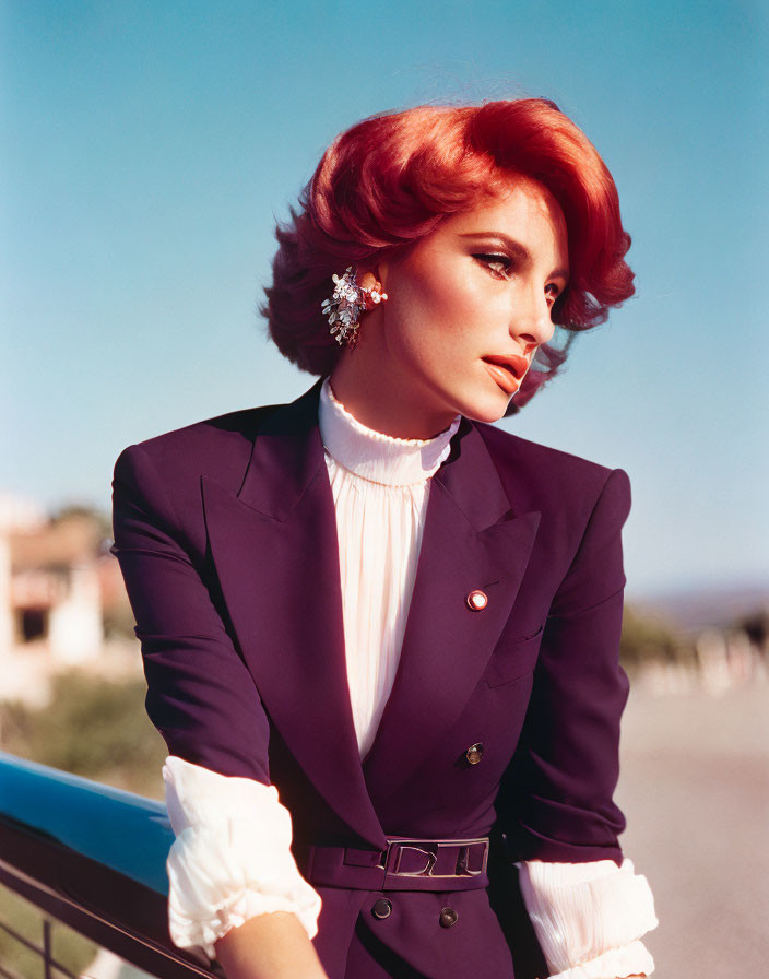 Vibrant red-haired woman in vintage wave hairstyle and purple blazer gazes thoughtfully