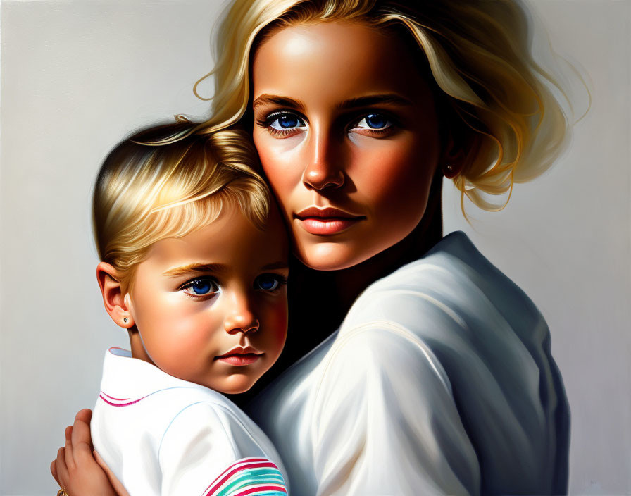 Hyper-realistic painting: Young woman and child with striking blue eyes embracing tenderly