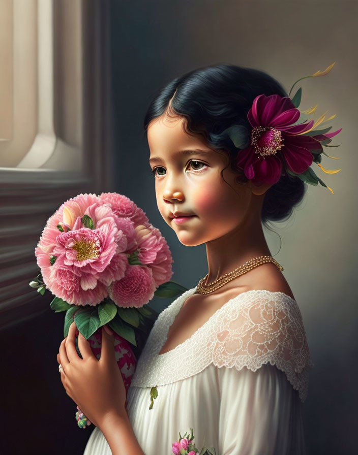 Young girl with dark hair holding pink blossoms near window with soft lighting