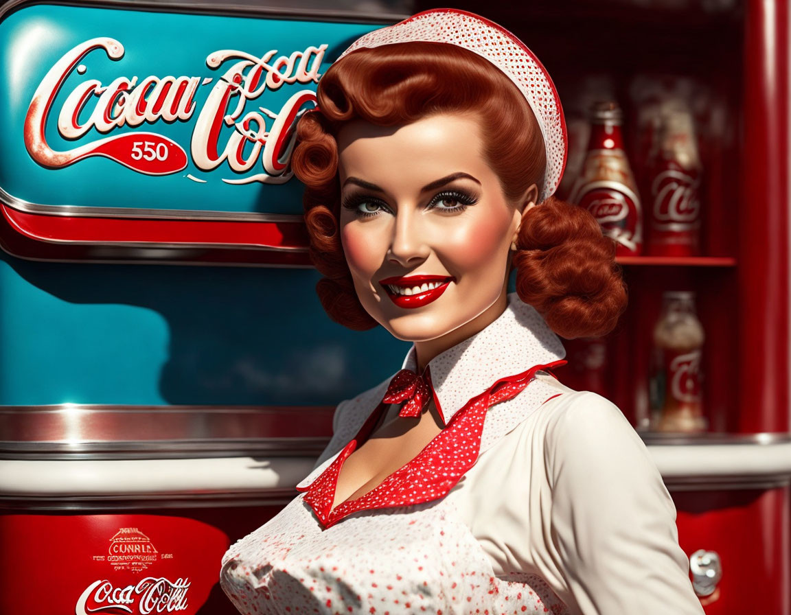 Vintage-style illustration of smiling woman with red lipstick and victory rolls, polka dot bandana, and