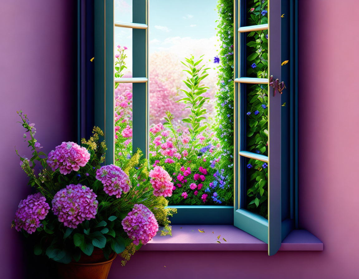 Blooming garden view through open window with pink hydrangeas pot