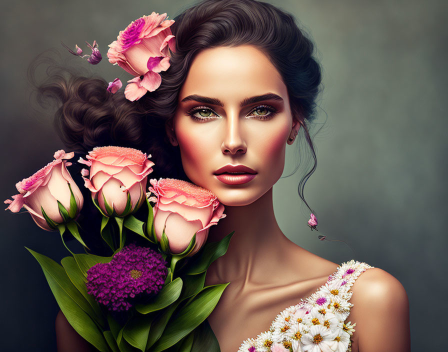 Woman portrait with floral hair and pink flowers - nature-inspired beauty.