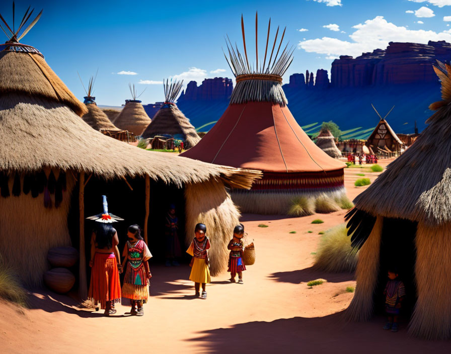 Indigenous Thatched Roof Huts in Desert Landscape