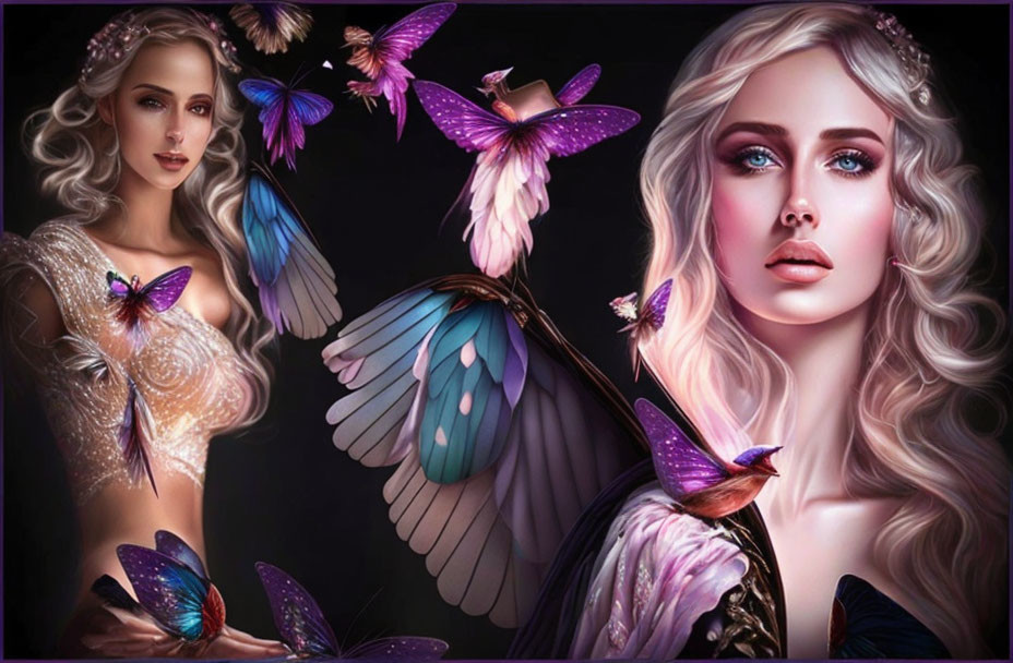 Fantasy illustration of woman with pale skin, curly blonde hair, and colorful butterflies.