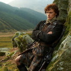 Traditional Highland Soldier Resting Against Stone Wall in Tartan Uniform