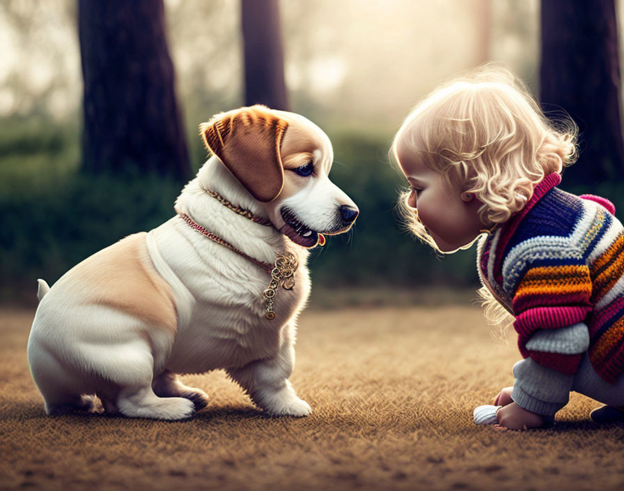 Toddler and beagle puppy touching noses in sunny forest.