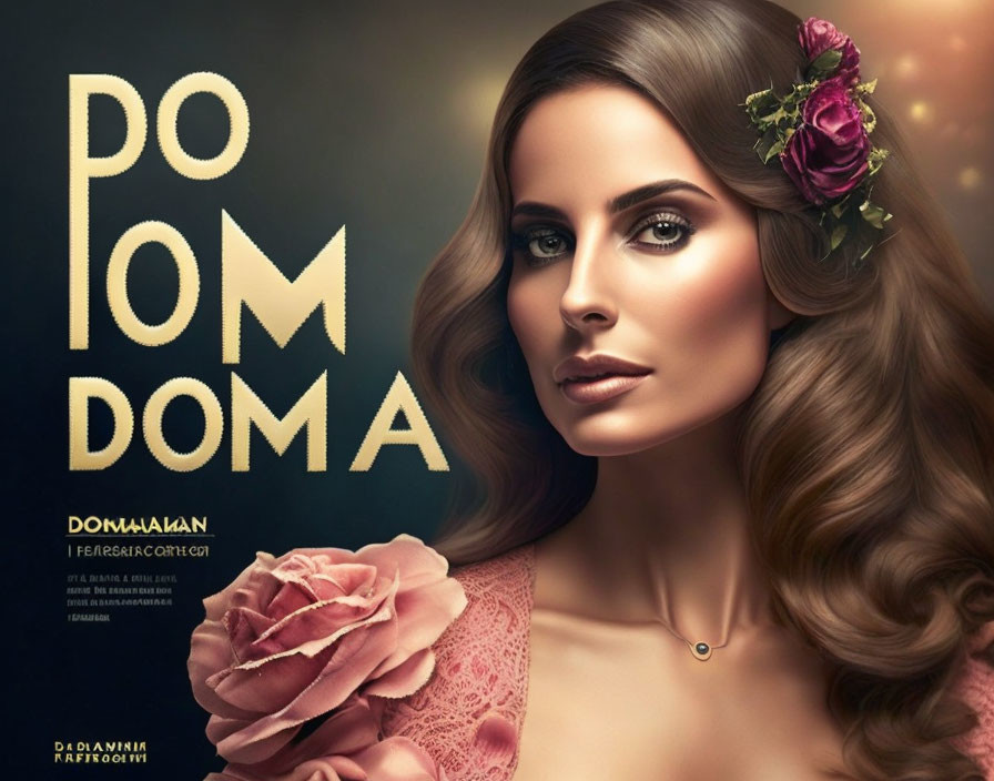 Elegant woman with floral hair accessory in ad with golden typography