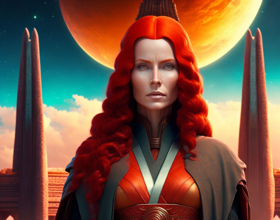 Digital art portrait of red-haired woman in futuristic costume with planet and spires against blue sky