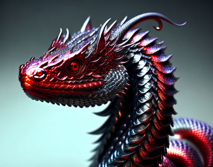 Detailed 3D rendering of fierce red and black dragon with glowing eyes.