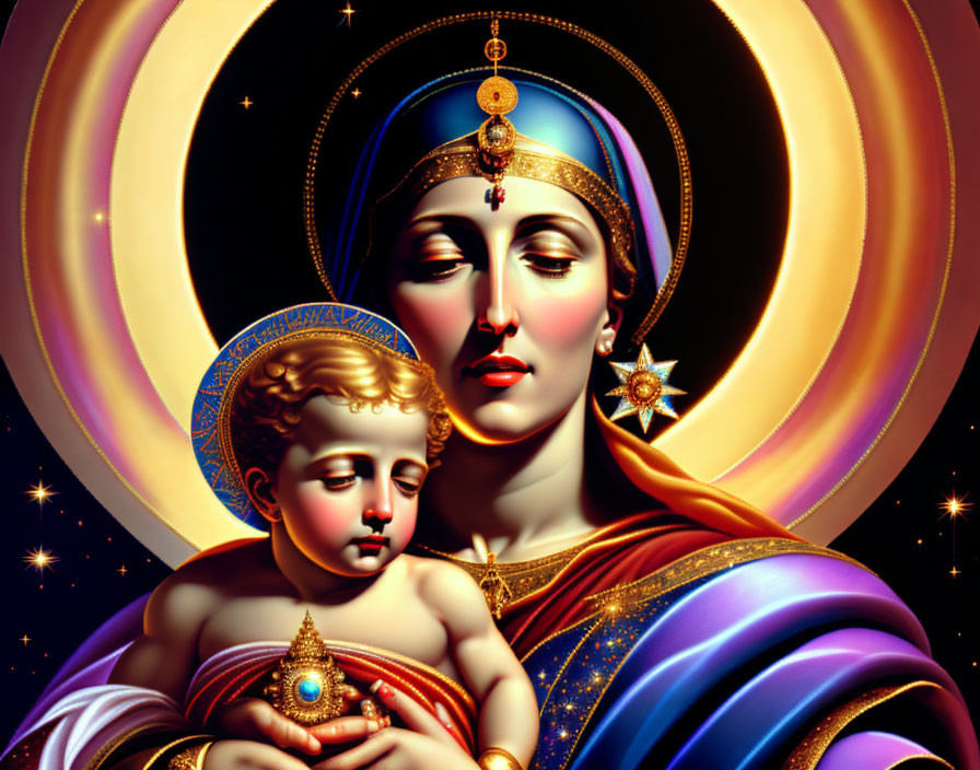 Colorful artwork featuring woman with child and cosmic elements