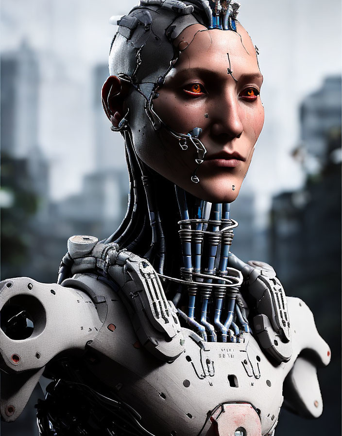 Detailed humanoid robot with mechanical parts and human-like face in urban setting.