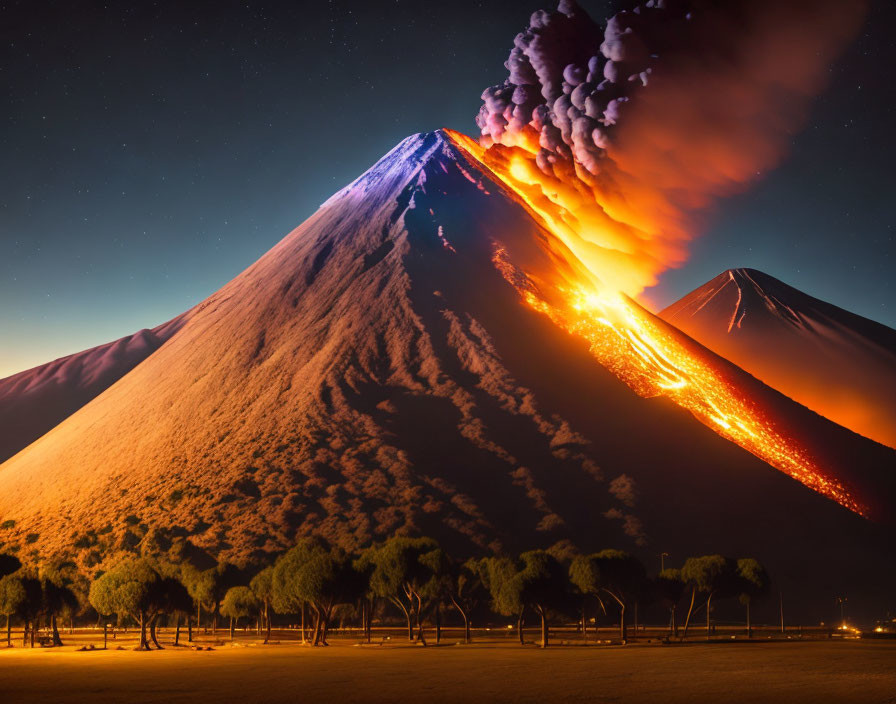 Nighttime volcano eruption with lava, ash clouds, and silhouetted trees.