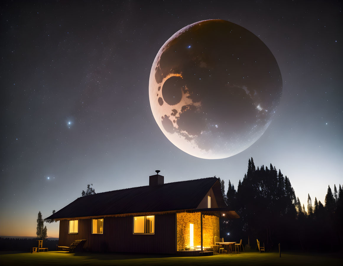 Tranquil moon over solitary house in night landscape