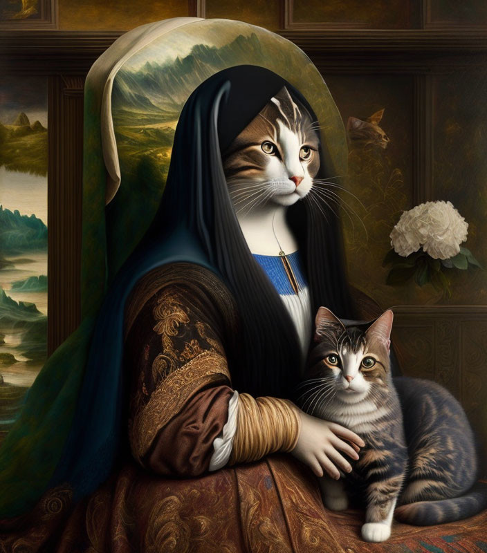 Whimsical painting blending cats with classic portraiture