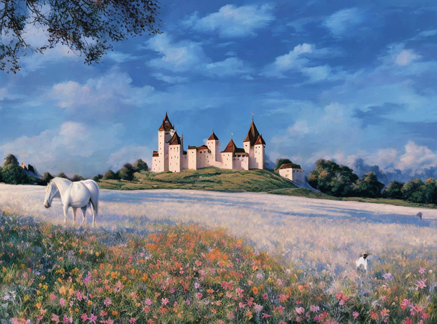 White horse and dog in vibrant flower field with distant castle under cloudy sky