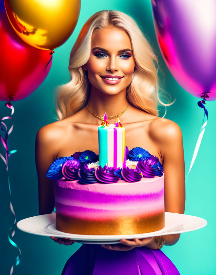 Smiling woman with birthday cake and balloons on turquoise background