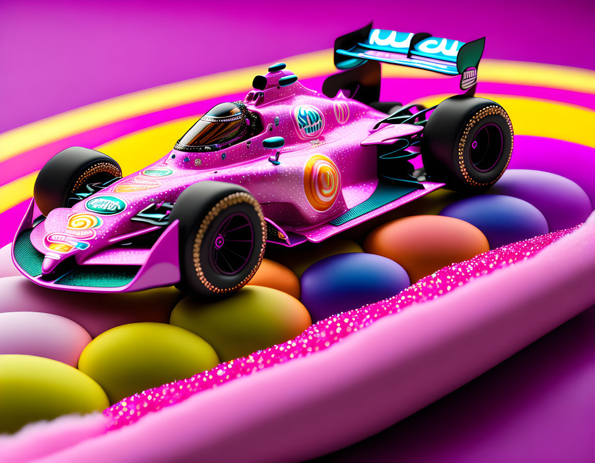 Colorful 3D Formula 1 car illustration on vibrant racetrack