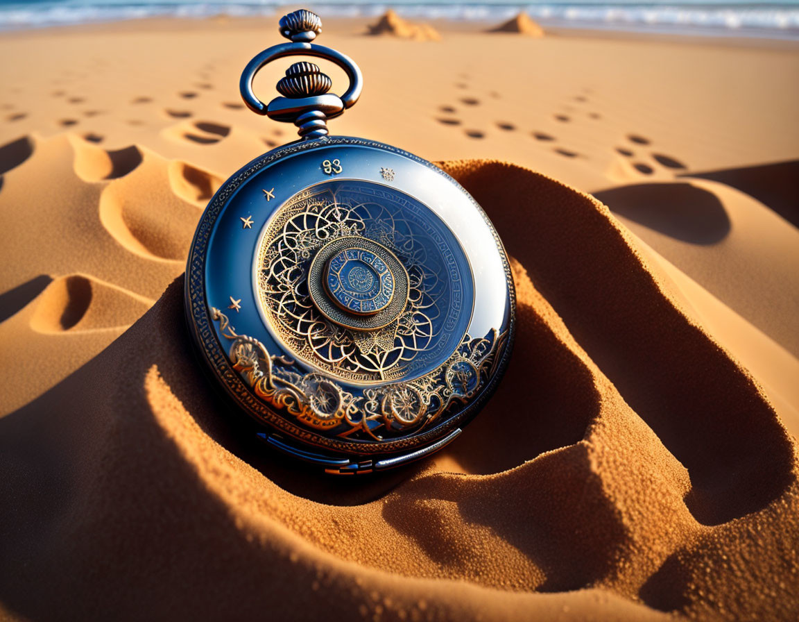 Elaborate Symbolic Pocket Watch on Sandy Terrain