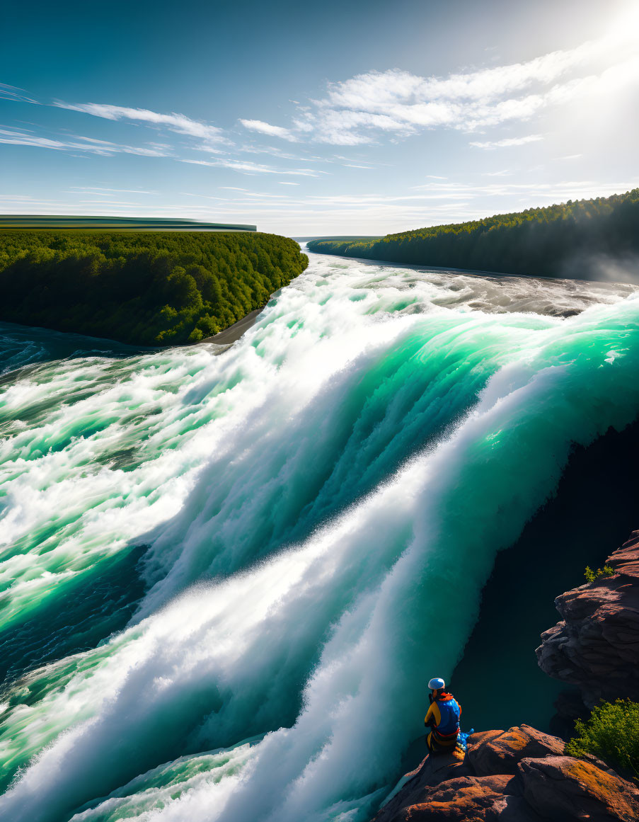 Person in Blue Jacket Admiring Waterfall in Sunlit Forest