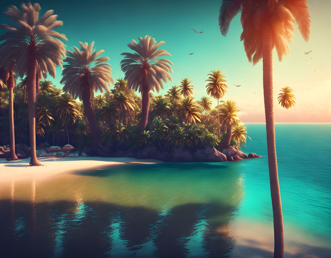 Scenic Tropical Beach with Palm Trees and Birds at Sunset