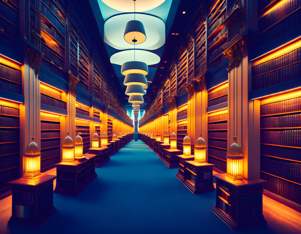 Modern library with illuminated shelves, blue walkway, and stylish lamps