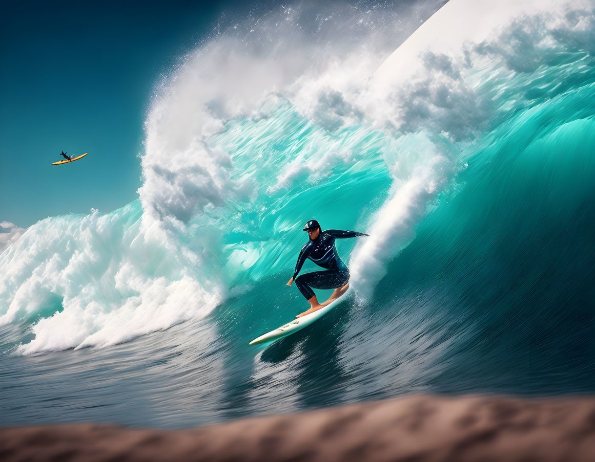 Surfer riding large wave with seagull in clear blue sky