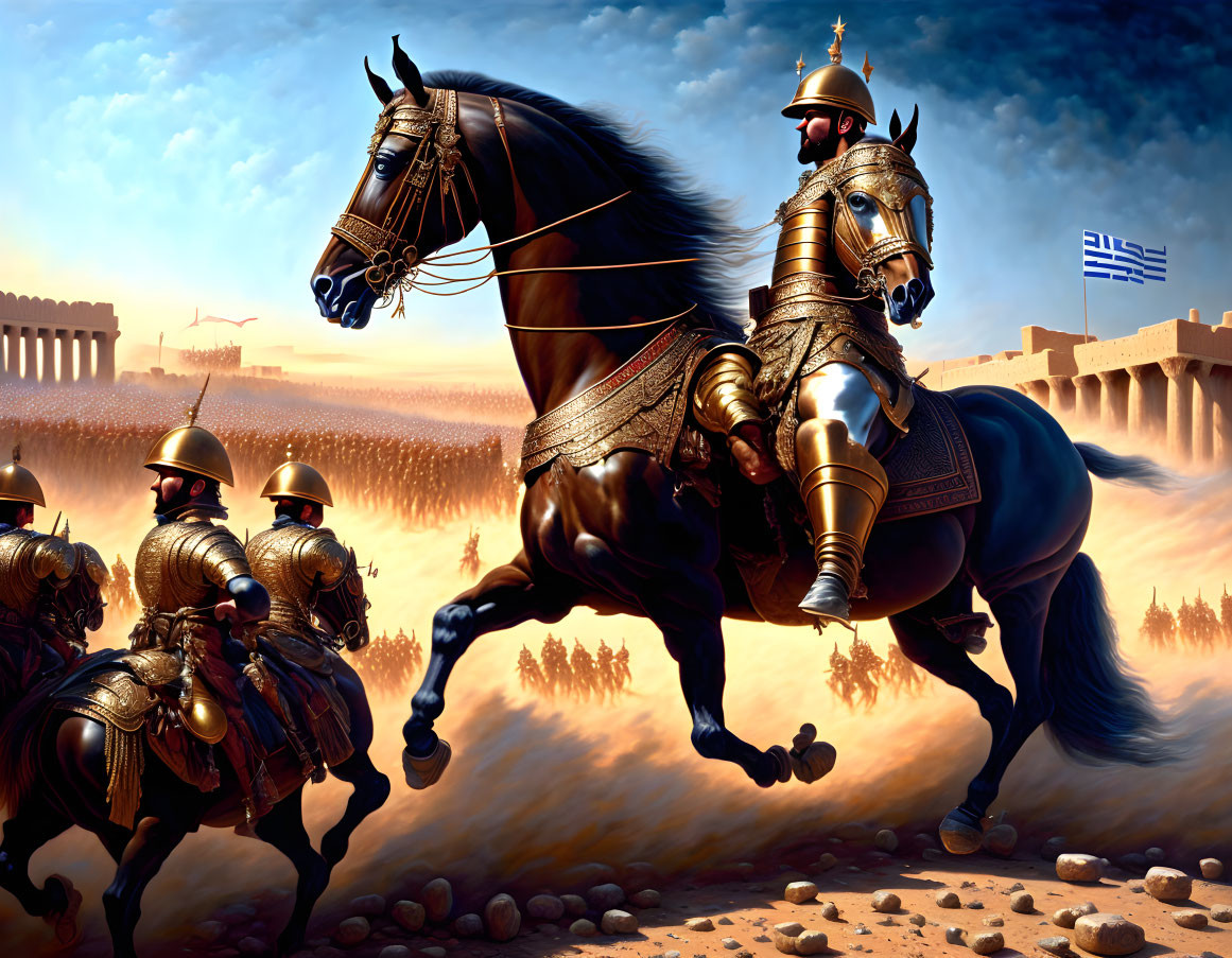 Armored warrior on black steed leading cavalry charge with Greek flag and temple silhouette.