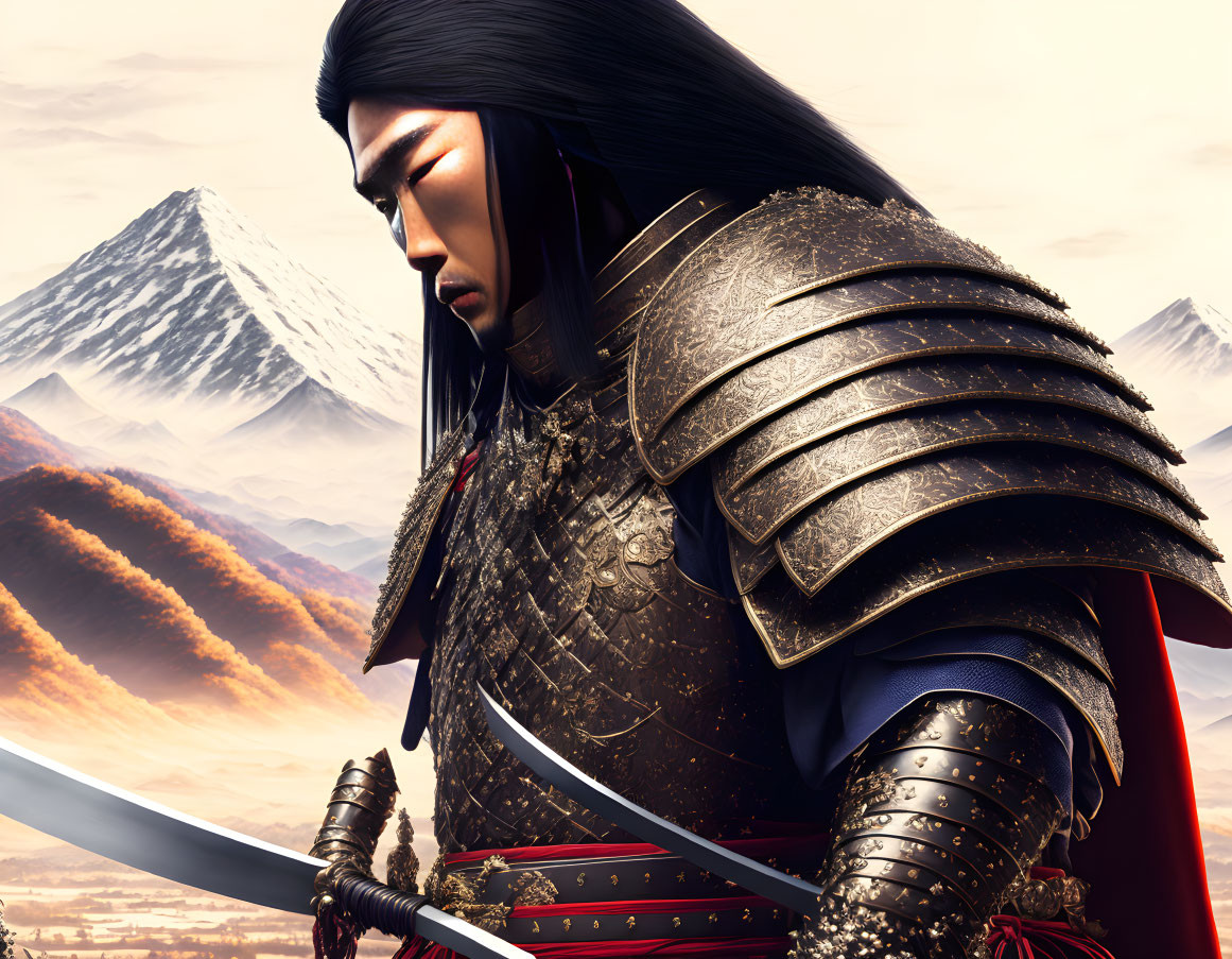 Detailed illustration of samurai warrior in traditional armor with katana against mountain backdrop.