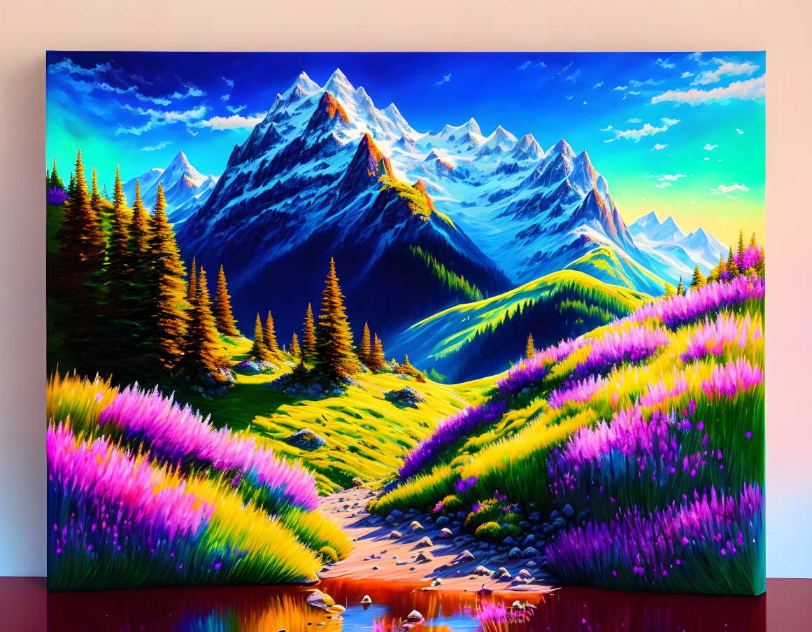 Scenic mountain painting with snowy peaks, colorful flora, pine trees, and serene lake at dusk