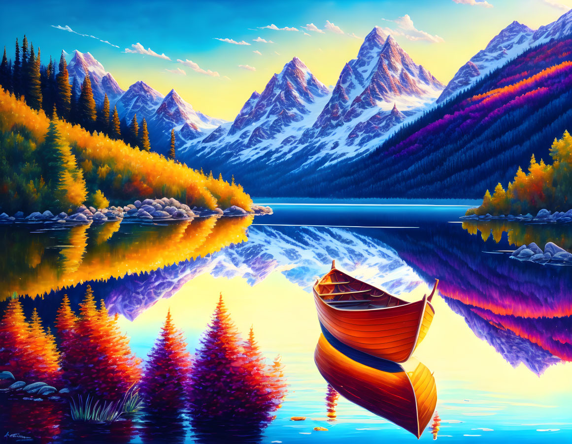 Colorful Painting of Serene Mountain Lake with Boat & Autumn Trees