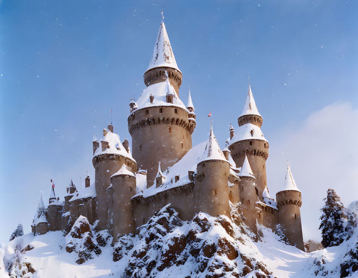 Snow-covered castle with multiple spires under clear blue sky