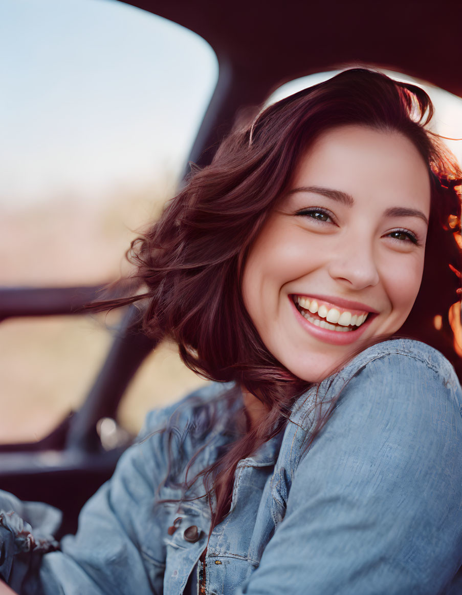 Smiling woman with wavy hair in denim jacket inside vehicle