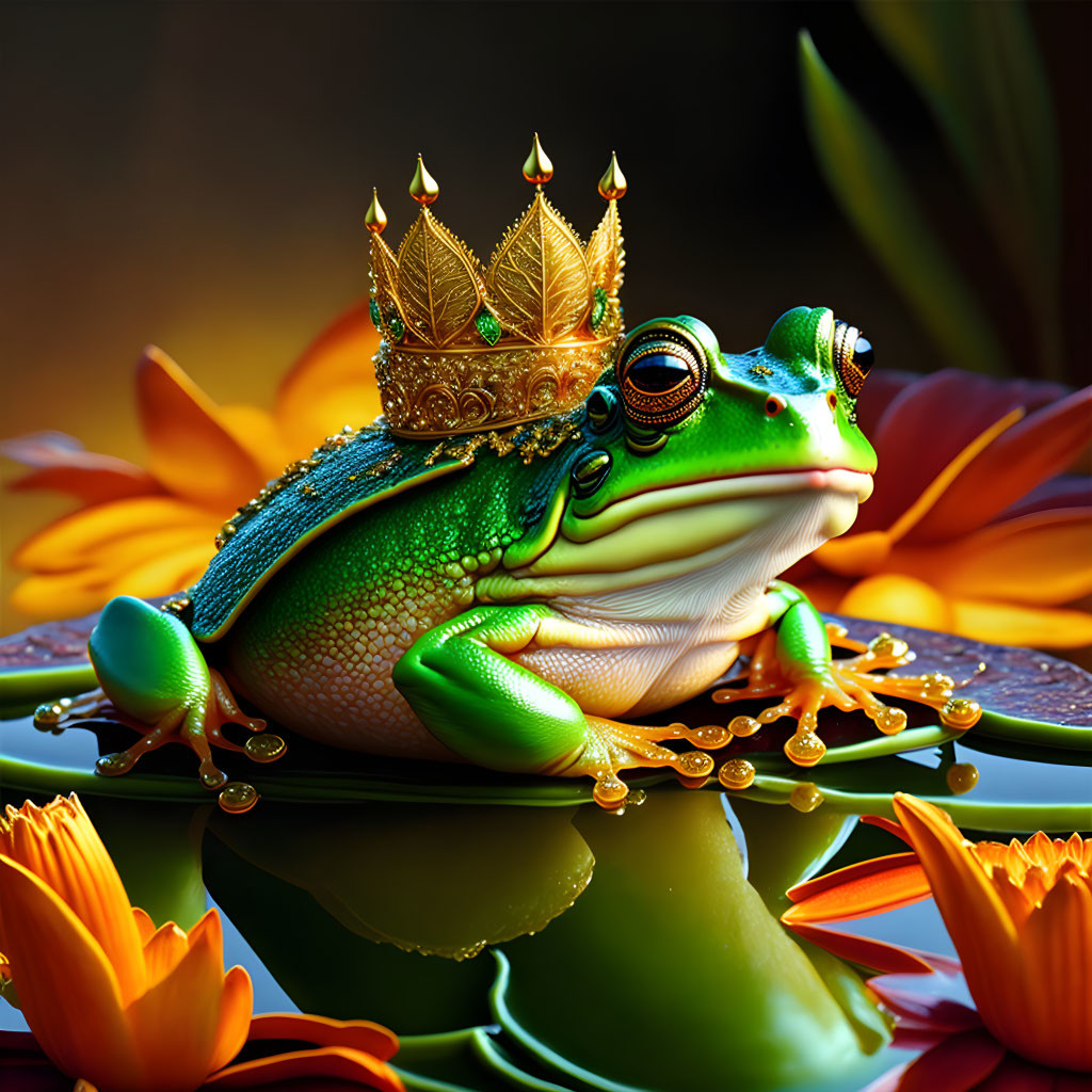 Colorful Frog with Golden Crown Surrounded by Flowers and Water Droplets