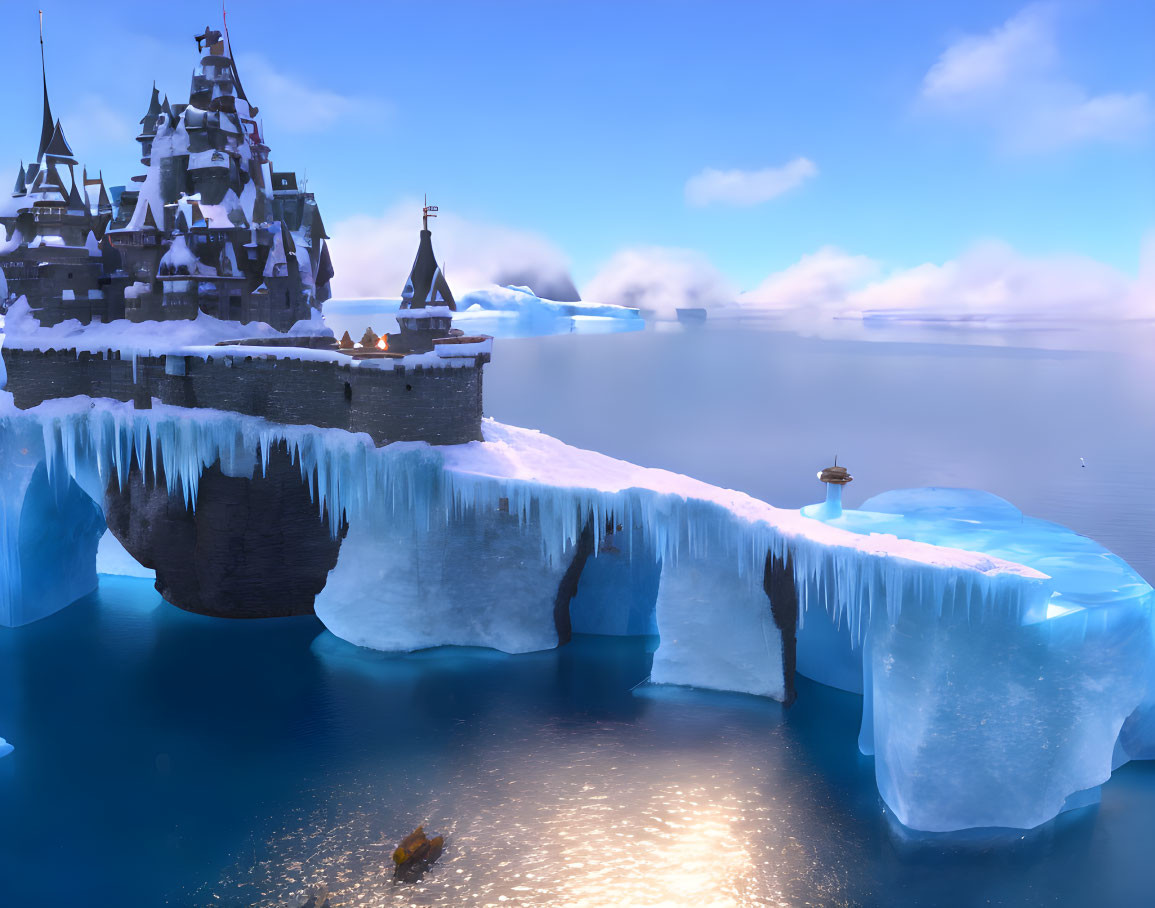 Snowy landscape with castle, frozen waterfall, calm sea, icebergs, and boat.