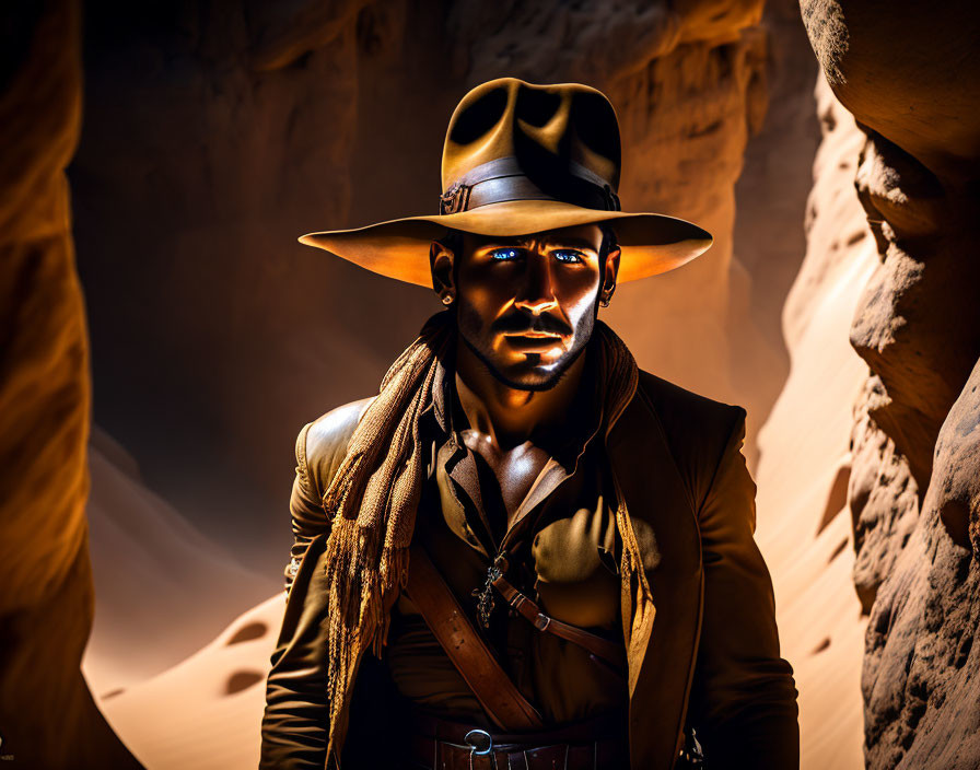 Adventurer in fedora and leather jacket in sunlit canyon