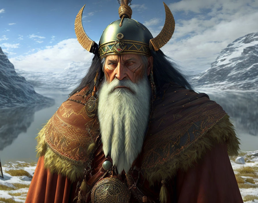 Bearded Viking warrior with horned helmet in snowy mountain landscape