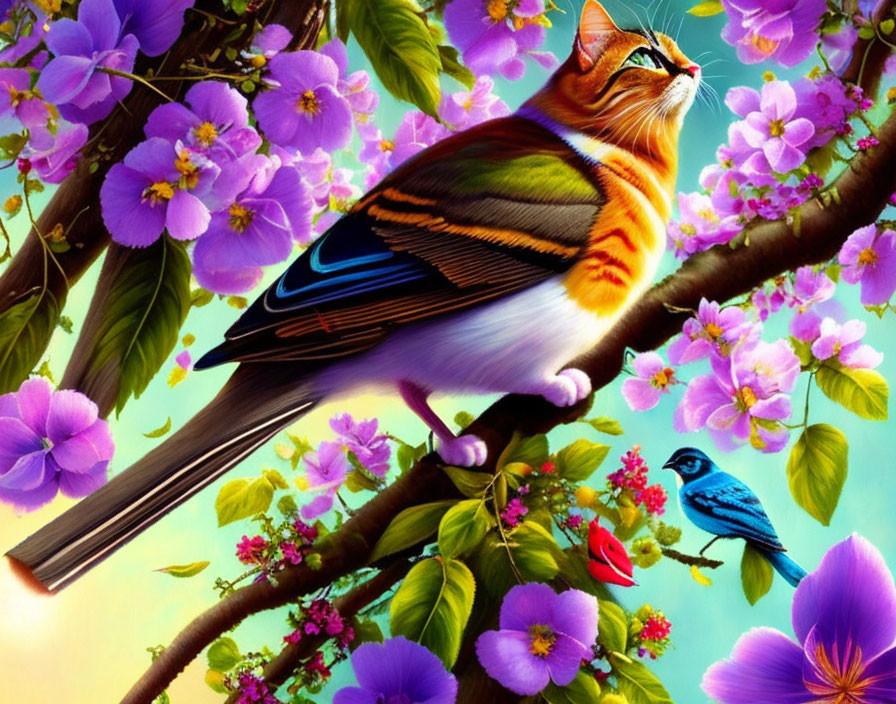 Colorful imaginary bird with cat-like features on blossoming branch with small blue bird and pink flowers.