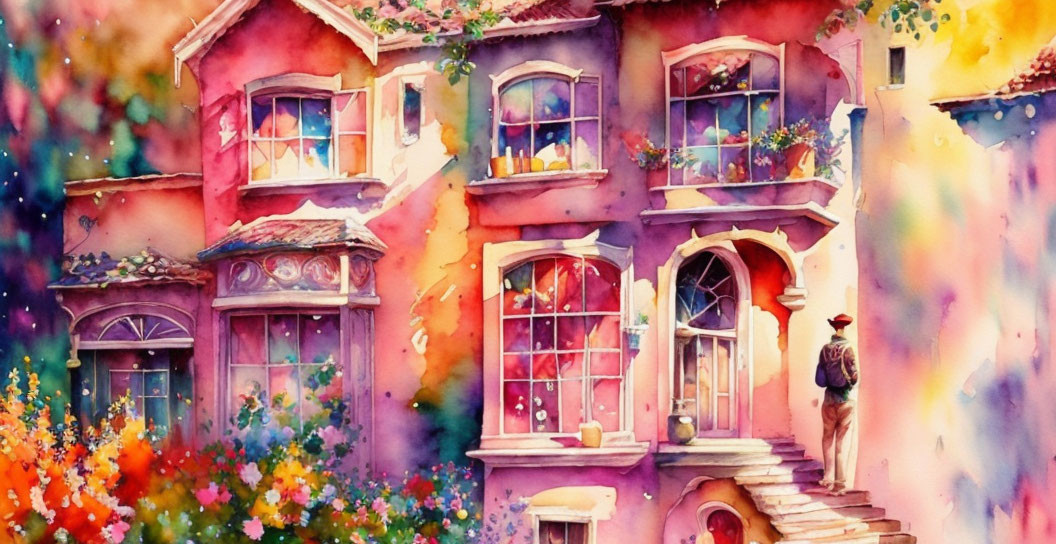 Colorful Watercolor Painting of Whimsical Building with Flowers