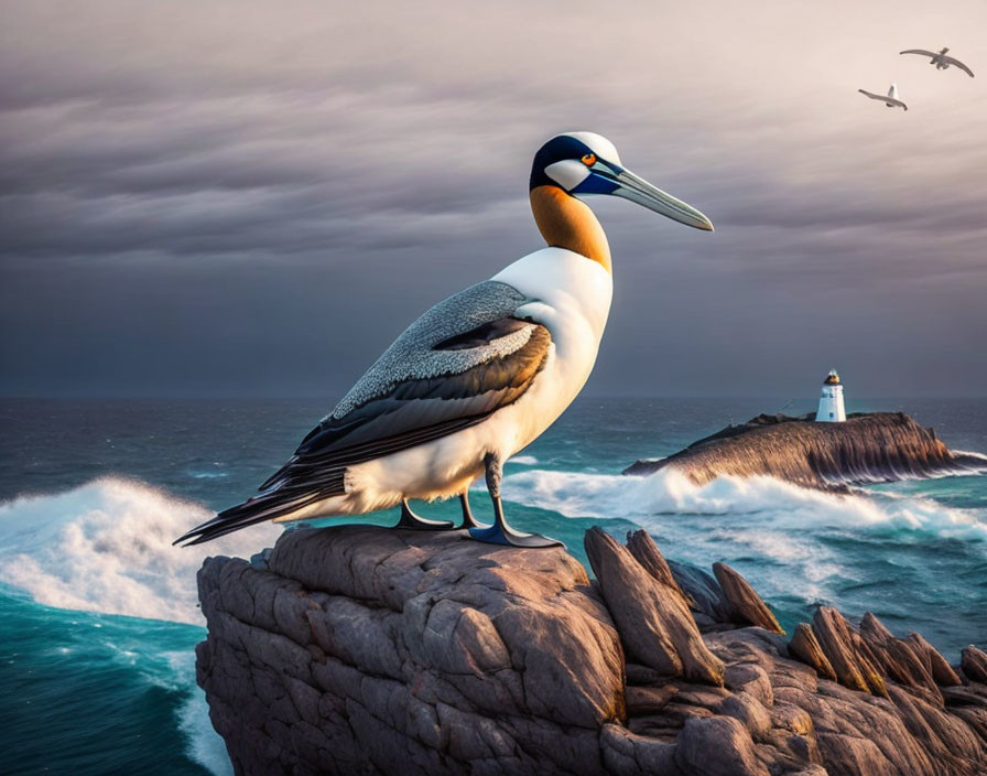 Seabird on rocky cliff with lighthouse and stormy sky