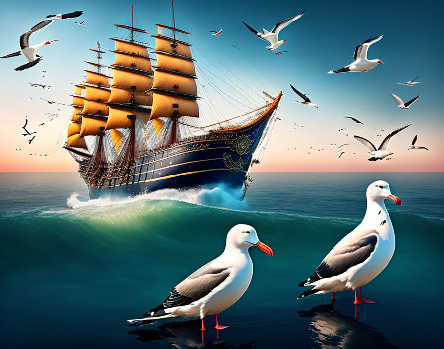 Sailing ship with billowing sails and seagulls on waves