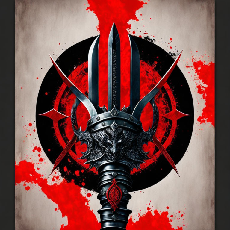 Detailed fantasy helmet with swords on red and black splatter backdrop