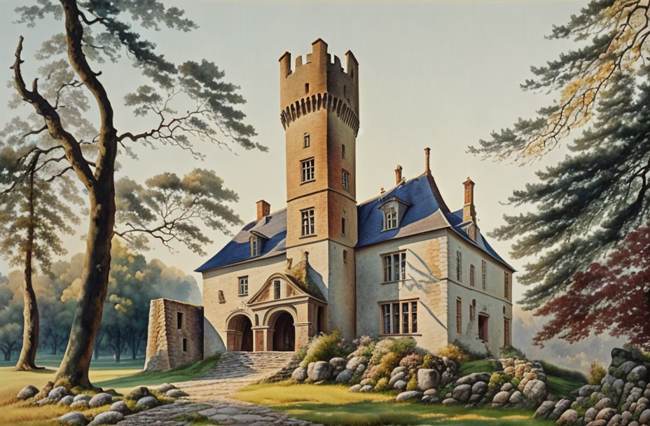 Stately manor with tower in lush landscape and cobblestone path