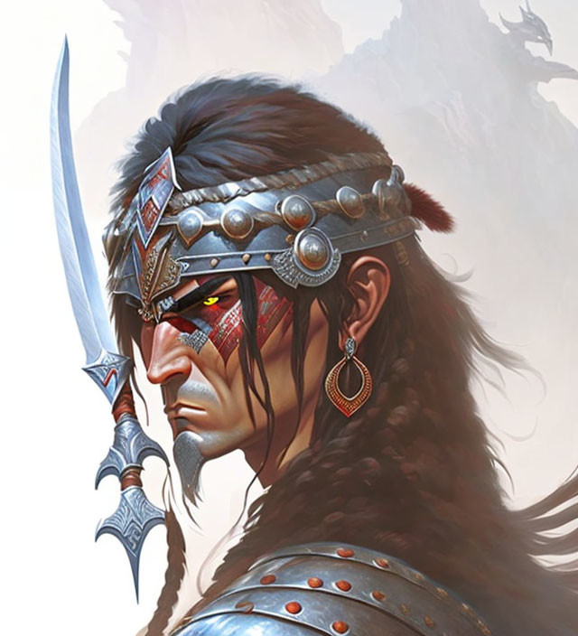 Warrior with face paint and headband wielding a blade in digital painting