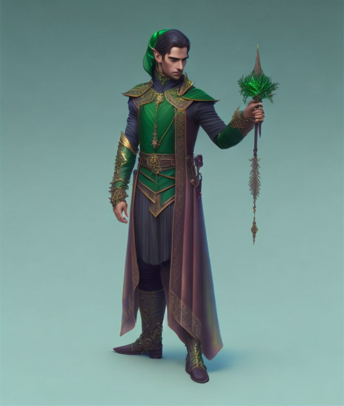 Fantasy male elf digital artwork in green and gold armor with cape and staff